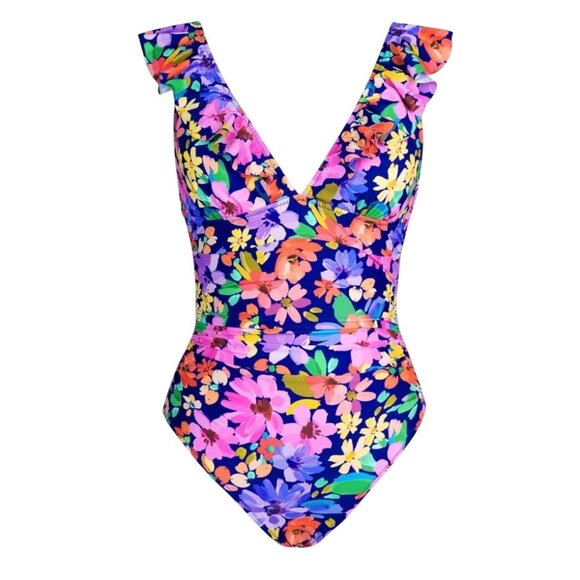Cupshe Women’s One-Piece Swimsuit Small Multicolor Floral V-Neck Ruffle Tie Back - Picture 3 of 7